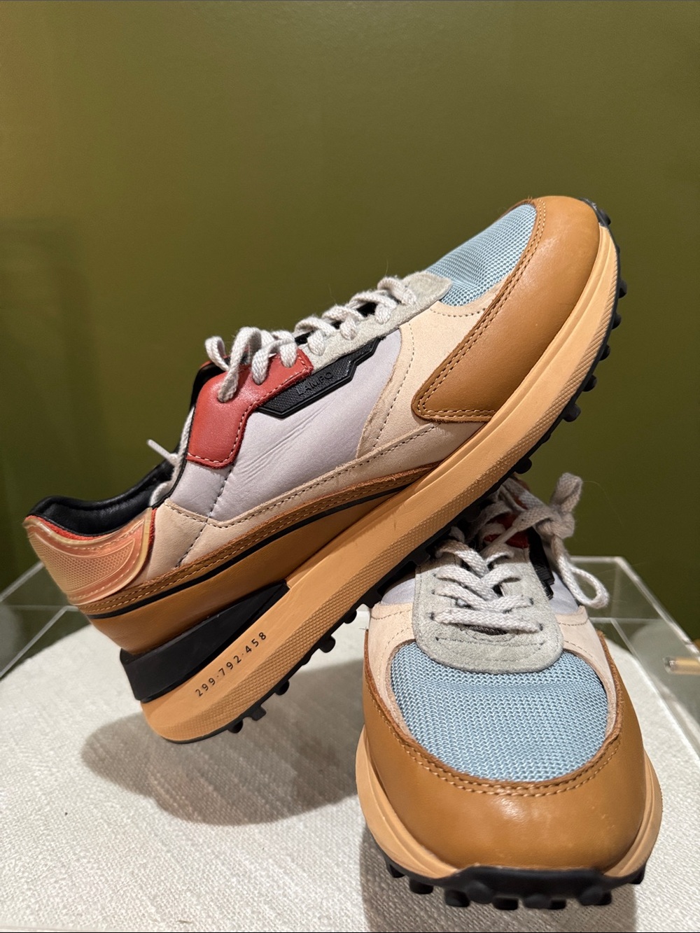 Multi-Panel Sneakers in Tan, Light Blue & Red